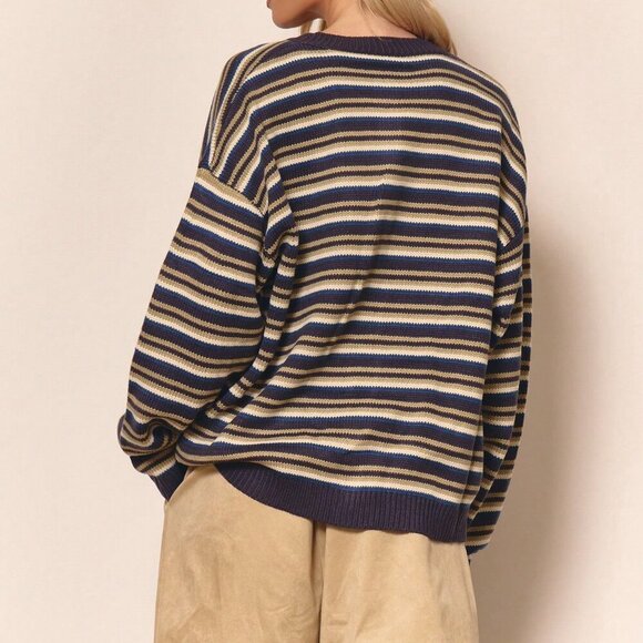 Multicolor Women's Casual Oversized Stripe Knit Cardigan - Picture 2 of 6